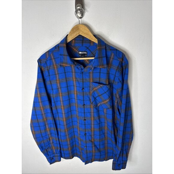Outdoor Research OR Flannel Button Up Shirt Blue Orange Plaid Long Sleeve Men L - Picture 1 of 8